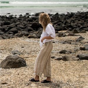 Posse Tan and cream striped linen wide leg pants